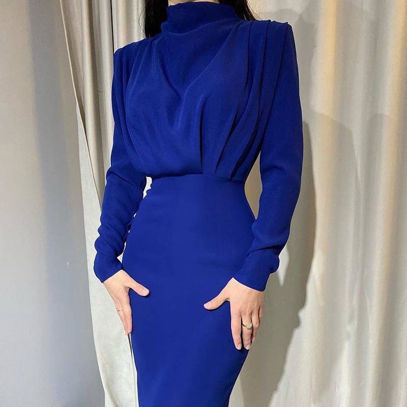 Women's Fitted Long-Sleeve Maxi Dress with Stand Collar and Pleats - Maisie London