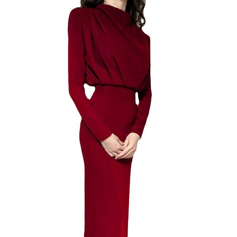 Women's Fitted Long-Sleeve Maxi Dress with Stand Collar and Pleats - Maisie London