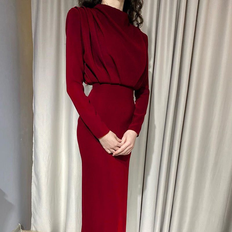 Women's Fitted Long-Sleeve Maxi Dress with Stand Collar and Pleats - Maisie London