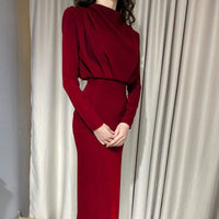 Women's Fitted Long-Sleeve Maxi Dress with Stand Collar and Pleats - Maisie London