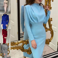 Women's Fitted Long-Sleeve Maxi Dress with Stand Collar and Pleats - Maisie London