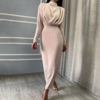 Women's Fitted Long-Sleeve Maxi Dress with Stand Collar and Pleats - Maisie London