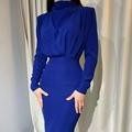 Women's Fitted Long-Sleeve Maxi Dress with Stand Collar and Pleats - Maisie London