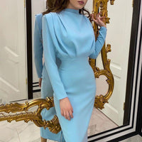 Women's Fitted Long-Sleeve Maxi Dress with Stand Collar and Pleats - Maisie London