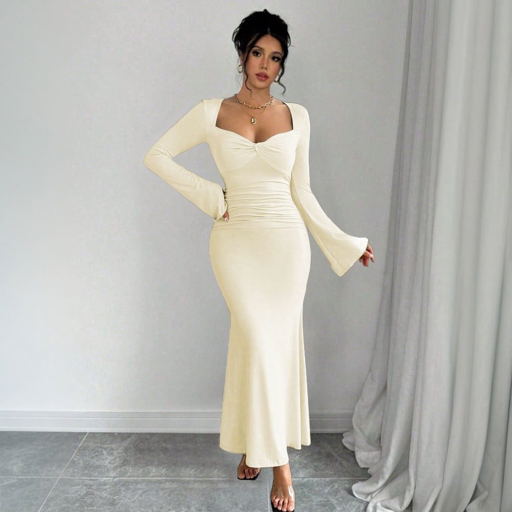 Women's Apricot Fishtail Maxi Dress with Twist Front and Bell Cuffs - Maisie London