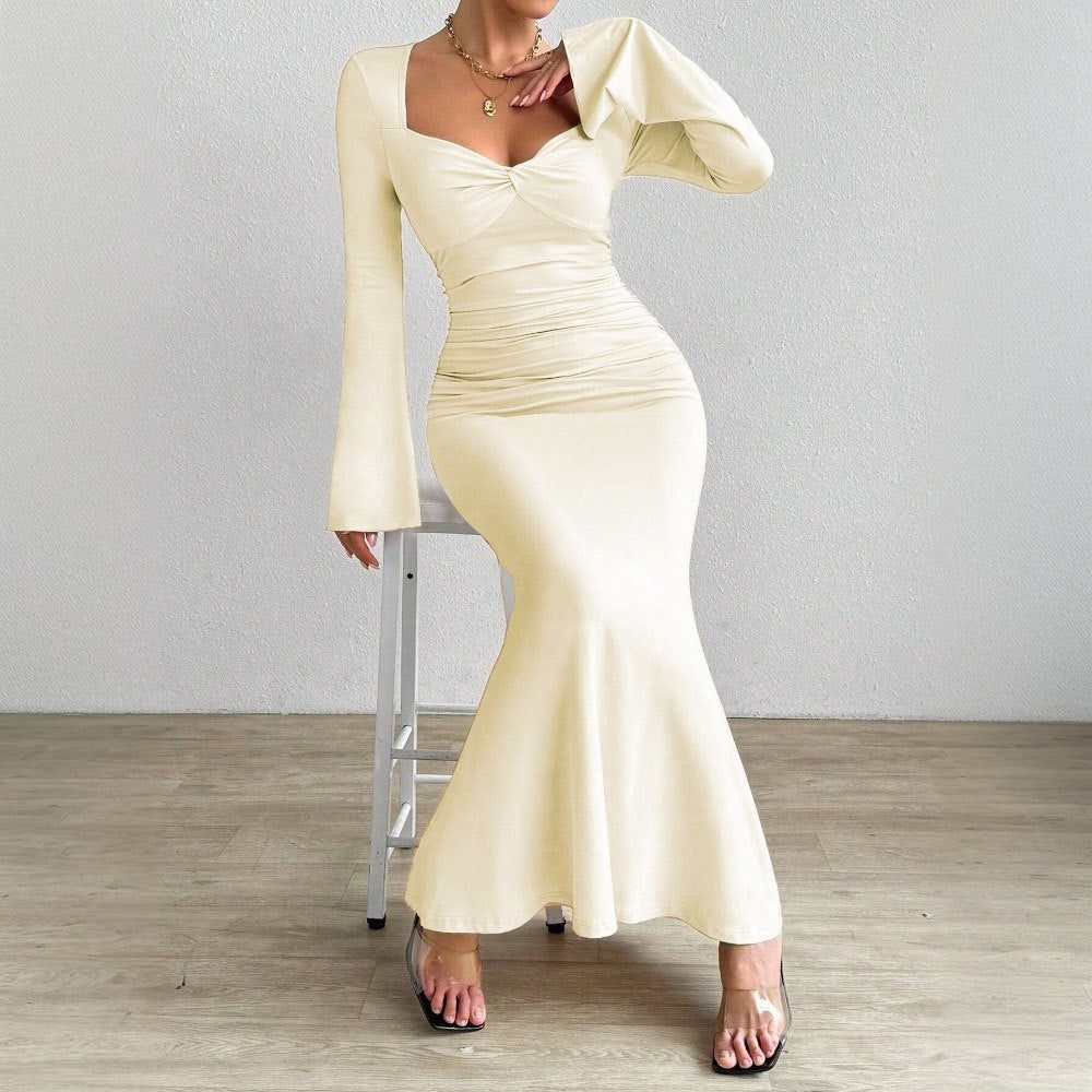Women's Apricot Fishtail Maxi Dress with Twist Front and Bell Cuffs - Maisie London