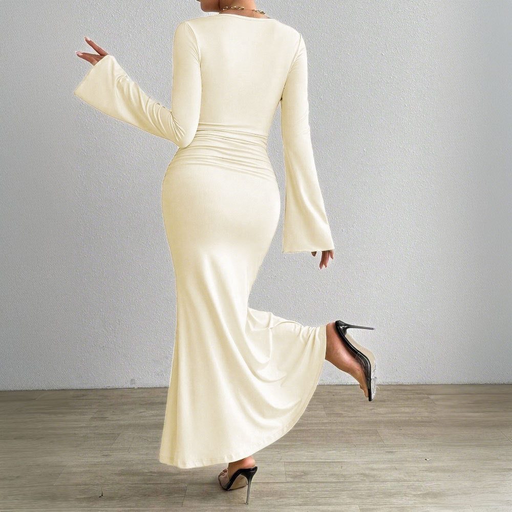 Women's Apricot Fishtail Maxi Dress with Twist Front and Bell Cuffs - Maisie London