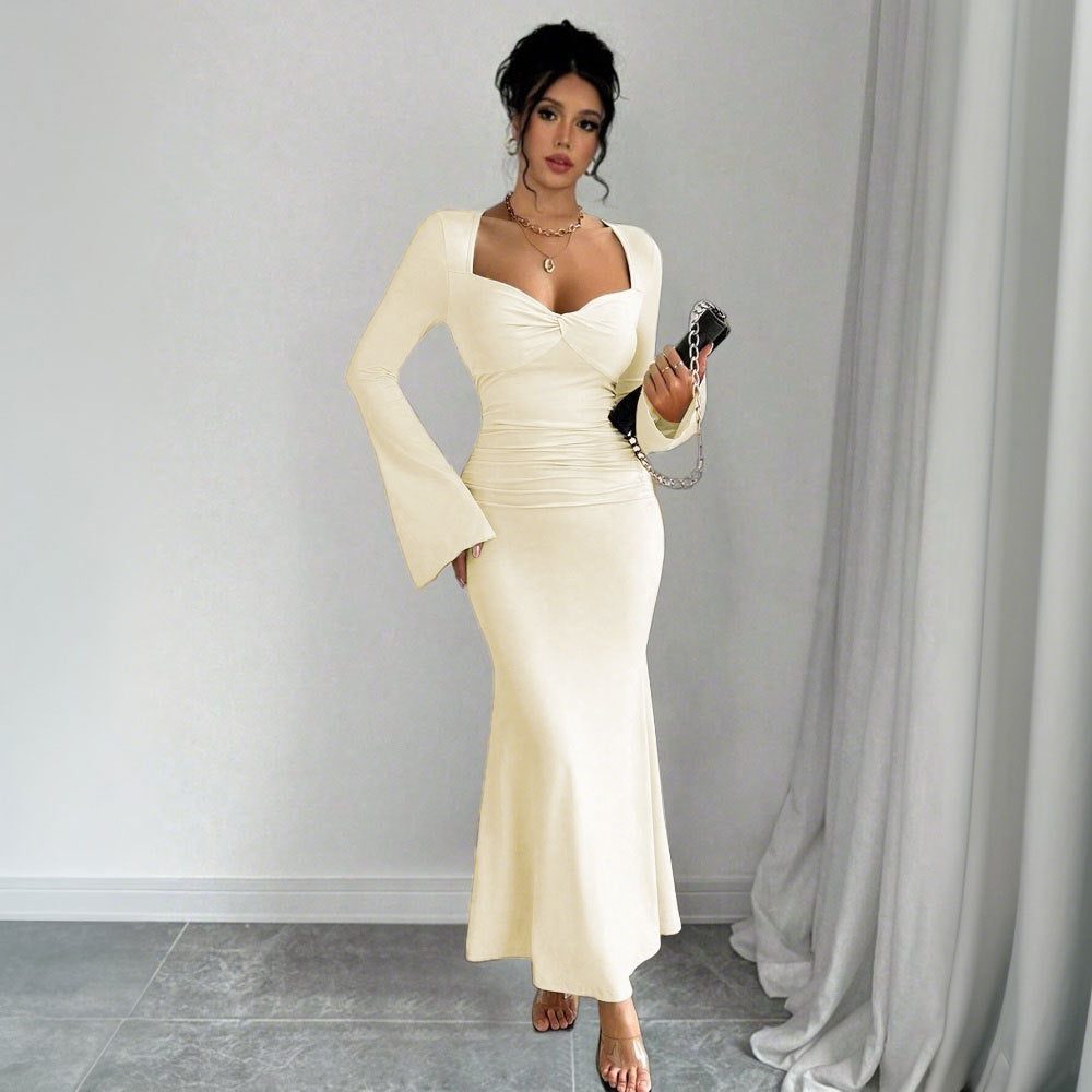 Women's Apricot Fishtail Maxi Dress with Twist Front and Bell Cuffs - Maisie London