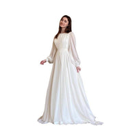 Women's White Chiffon Pleated Maxi Dress with Sheer Blouson Sleeves - Maisie London