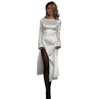 Women's Satin Long-Sleeve Maxi Dress with Side Lacing and Split - Maisie London
