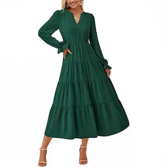 Women's Tiered Maxi Dress with Long Sleeves and Button V-Neck - Maisie London