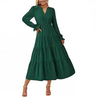 Women's Tiered Maxi Dress with Long Sleeves and Button V-Neck - Maisie London