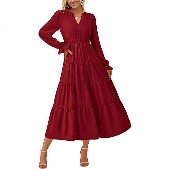 Women's Tiered Maxi Dress with Long Sleeves and Button V-Neck - Maisie London