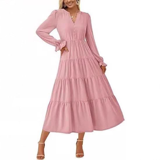 Women's Tiered Maxi Dress with Long Sleeves and Button V-Neck - Maisie London
