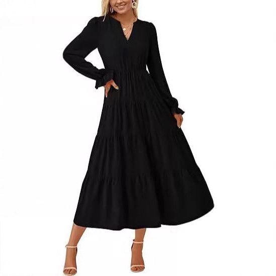 Women's Tiered Maxi Dress with Long Sleeves and Button V-Neck - Maisie London