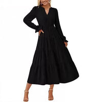Women's Tiered Maxi Dress with Long Sleeves and Button V-Neck - Maisie London