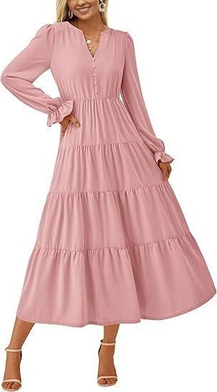 Women's Tiered Maxi Dress with Long Sleeves and Button V-Neck - Maisie London