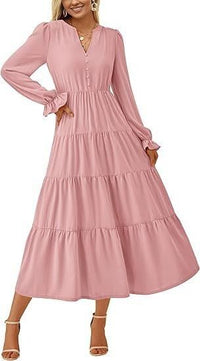 Women's Tiered Maxi Dress with Long Sleeves and Button V-Neck - Maisie London