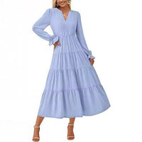 Women's Tiered Maxi Dress with Long Sleeves and Button V-Neck - Maisie London
