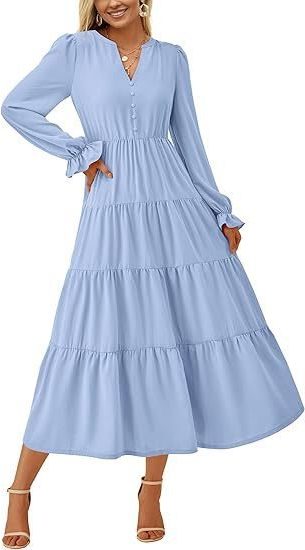 Women's Tiered Maxi Dress with Long Sleeves and Button V-Neck - Maisie London