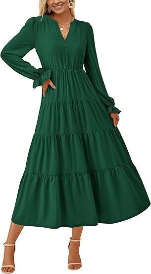 Women's Tiered Maxi Dress with Long Sleeves and Button V-Neck - Maisie London