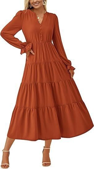 Women's Tiered Maxi Dress with Long Sleeves and Button V-Neck - Maisie London