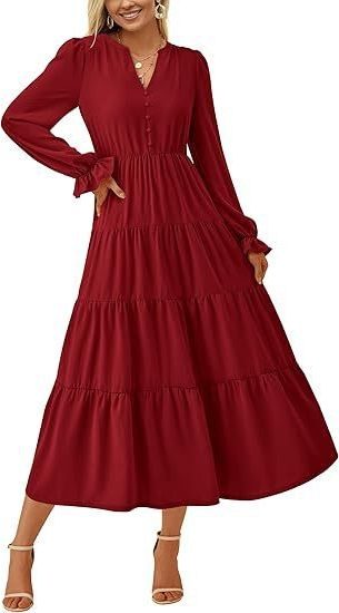 Women's Tiered Maxi Dress with Long Sleeves and Button V-Neck - Maisie London