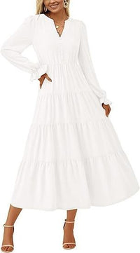 Women's Tiered Maxi Dress with Long Sleeves and Button V-Neck - Maisie London