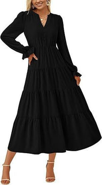 Women's Tiered Maxi Dress with Long Sleeves and Button V-Neck - Maisie London