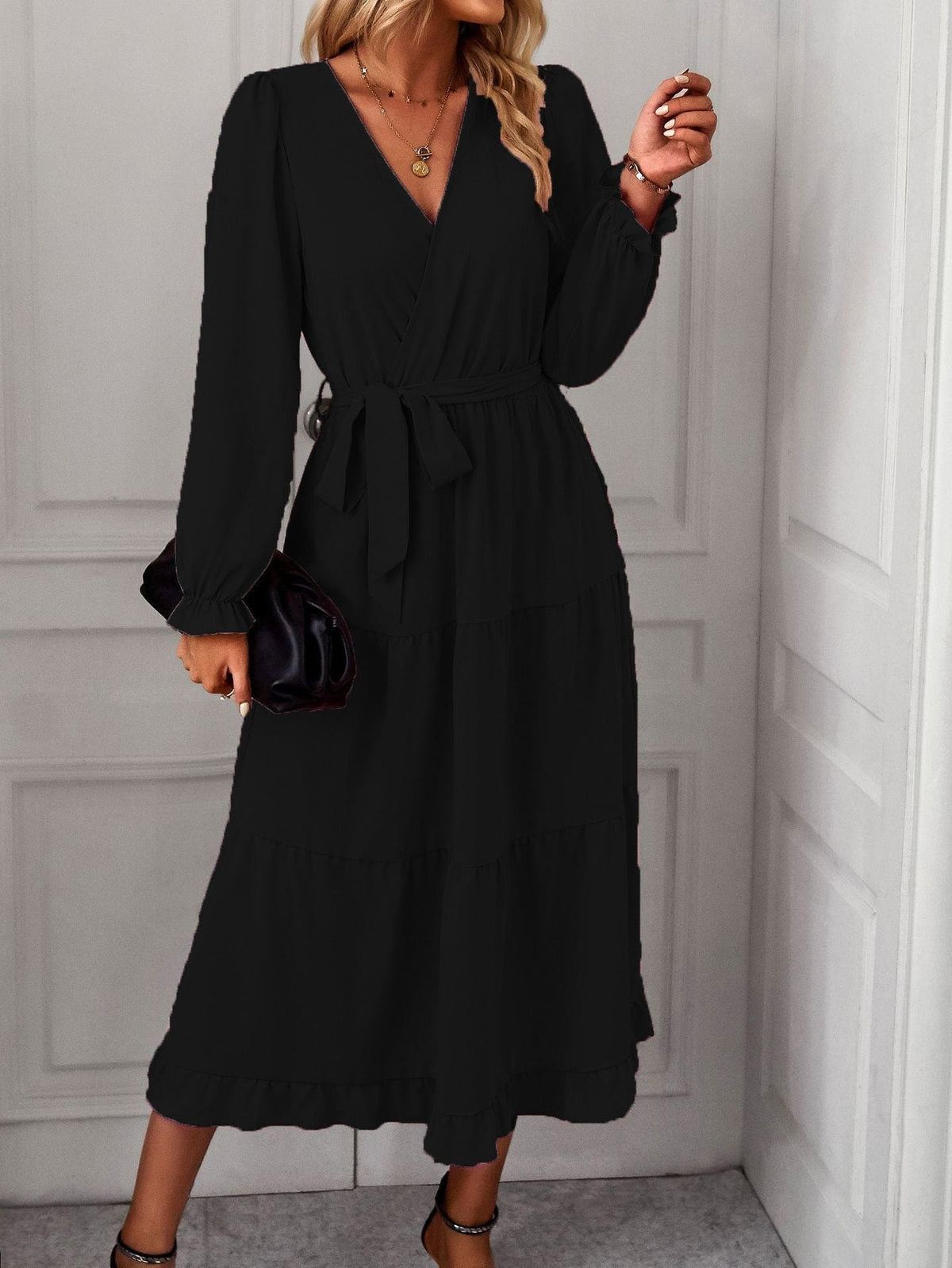Women's Tiered Wrap Midi Dress with Long Sleeves and Tie Waist - Maisie London