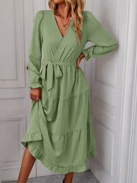 Women's Tiered Wrap Midi Dress with Long Sleeves and Tie Waist - Maisie London