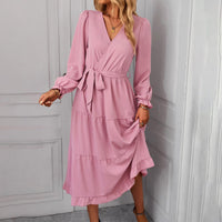 Women's Tiered Wrap Midi Dress with Long Sleeves and Tie Waist - Maisie London