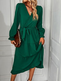 Women's Tiered Wrap Midi Dress with Long Sleeves and Tie Waist - Maisie London