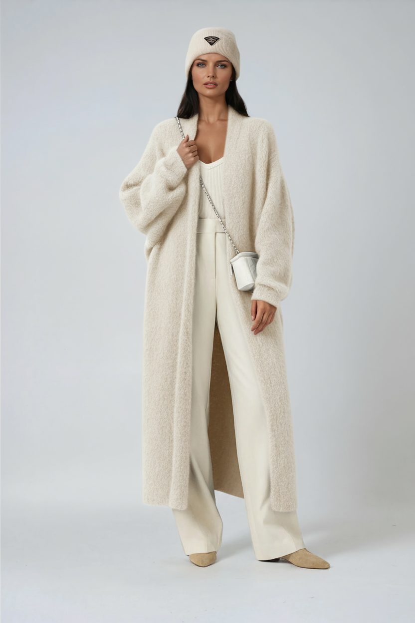 Women's Mohair-Look Maxi Cardigan with Open-Front and Wide Sleeves - Maisie London
