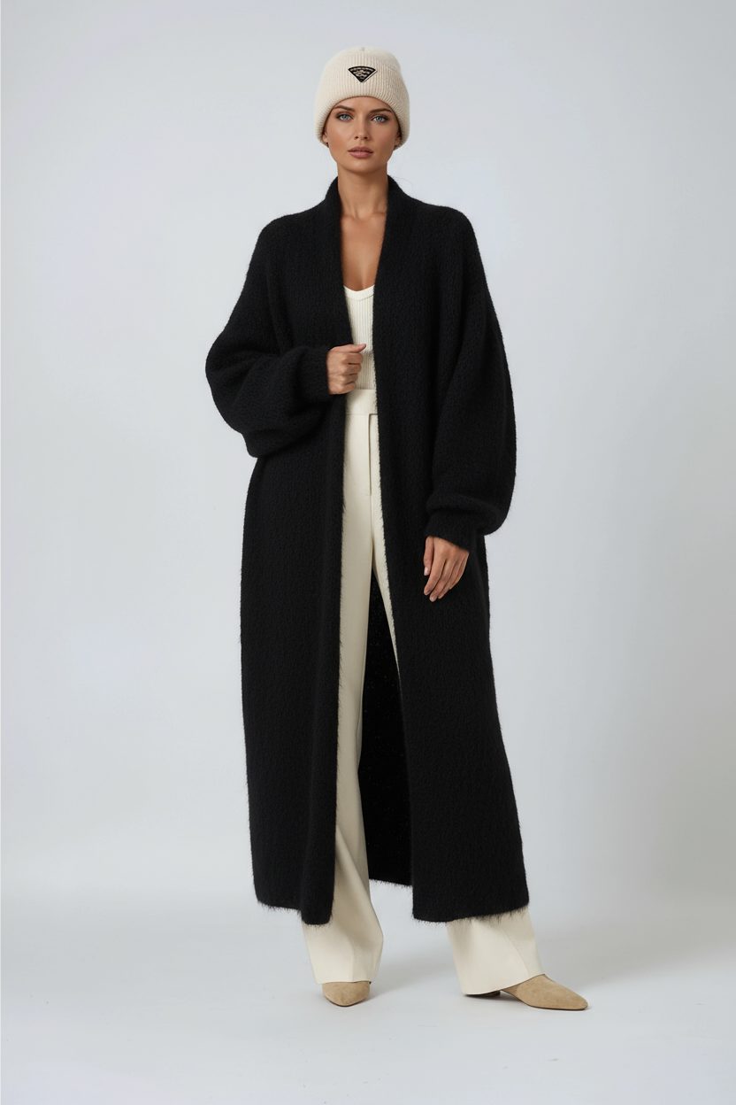Women's Mohair-Look Maxi Cardigan with Open-Front and Wide Sleeves - Maisie London