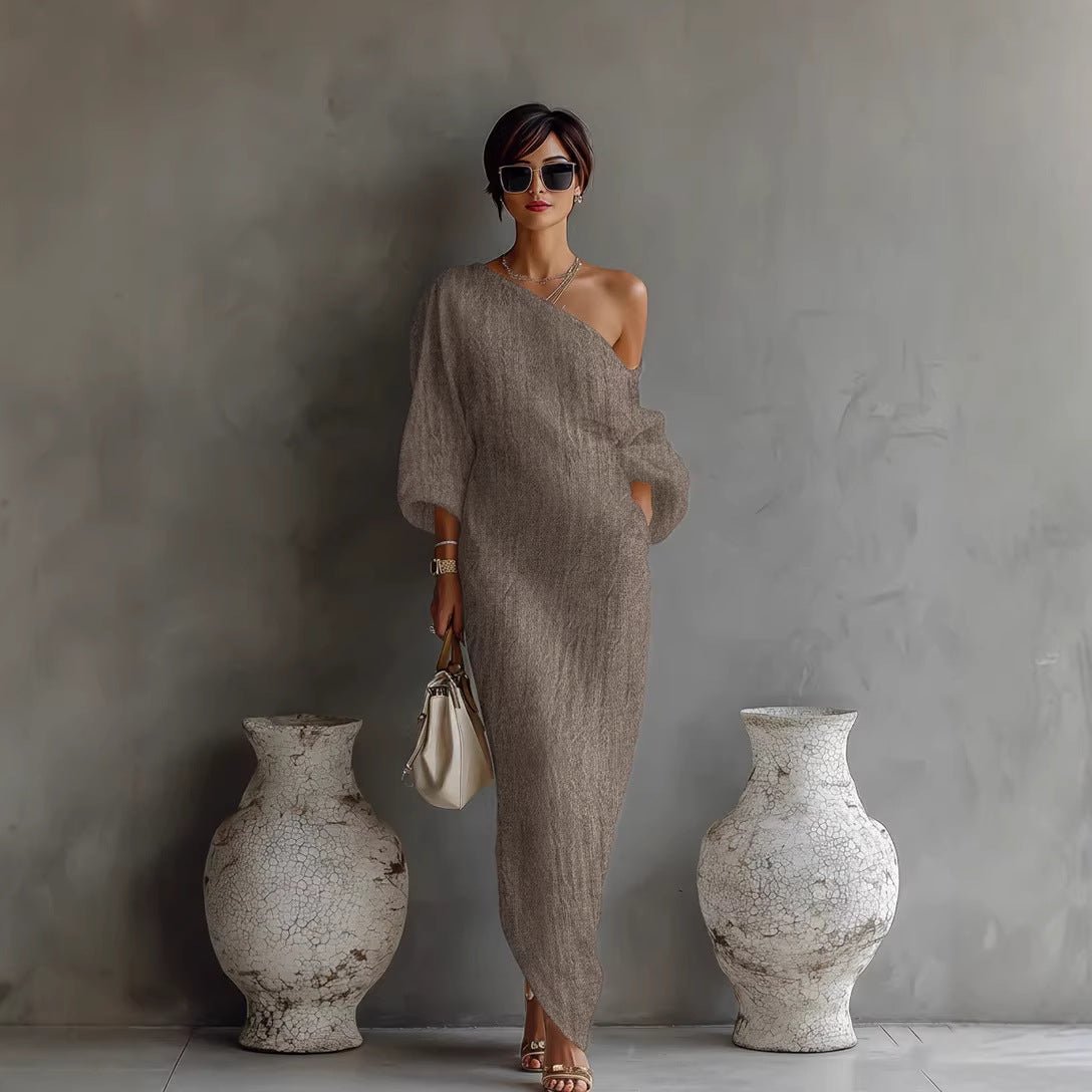 Women's Linen-Look Off-Shoulder Maxi Dress with Lantern Sleeves - Maisie London