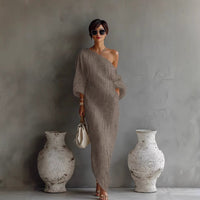 Women's Linen-Look Off-Shoulder Maxi Dress with Lantern Sleeves - Maisie London