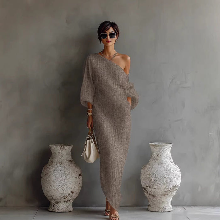 Women's Linen-Look Off-Shoulder Maxi Dress with Lantern Sleeves - Maisie London