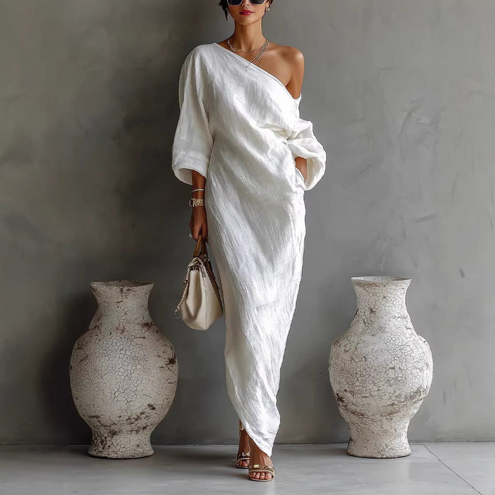 Women's Linen-Look Off-Shoulder Maxi Dress with Lantern Sleeves - Maisie London