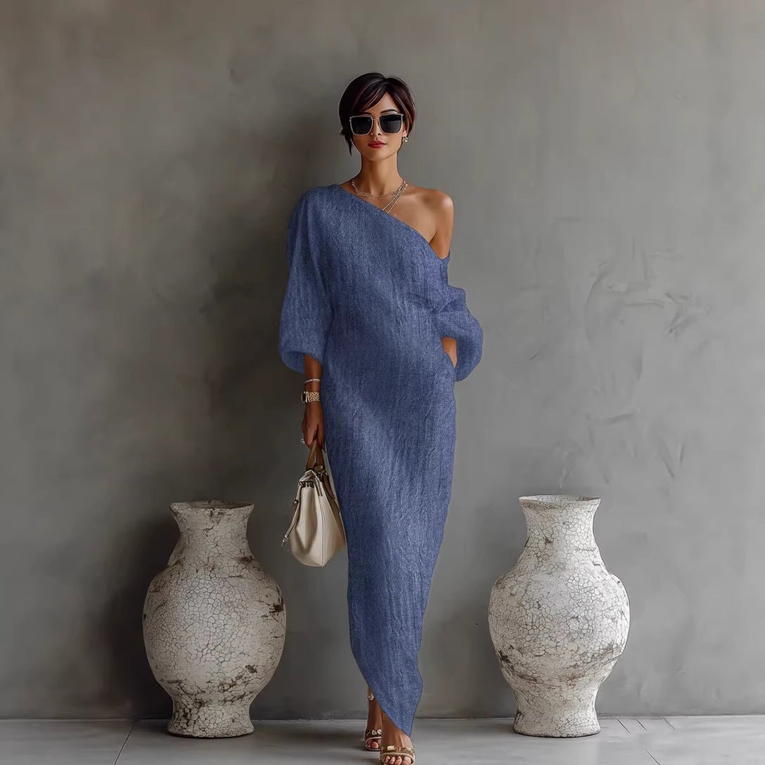 Women's Linen-Look Off-Shoulder Maxi Dress with Lantern Sleeves - Maisie London