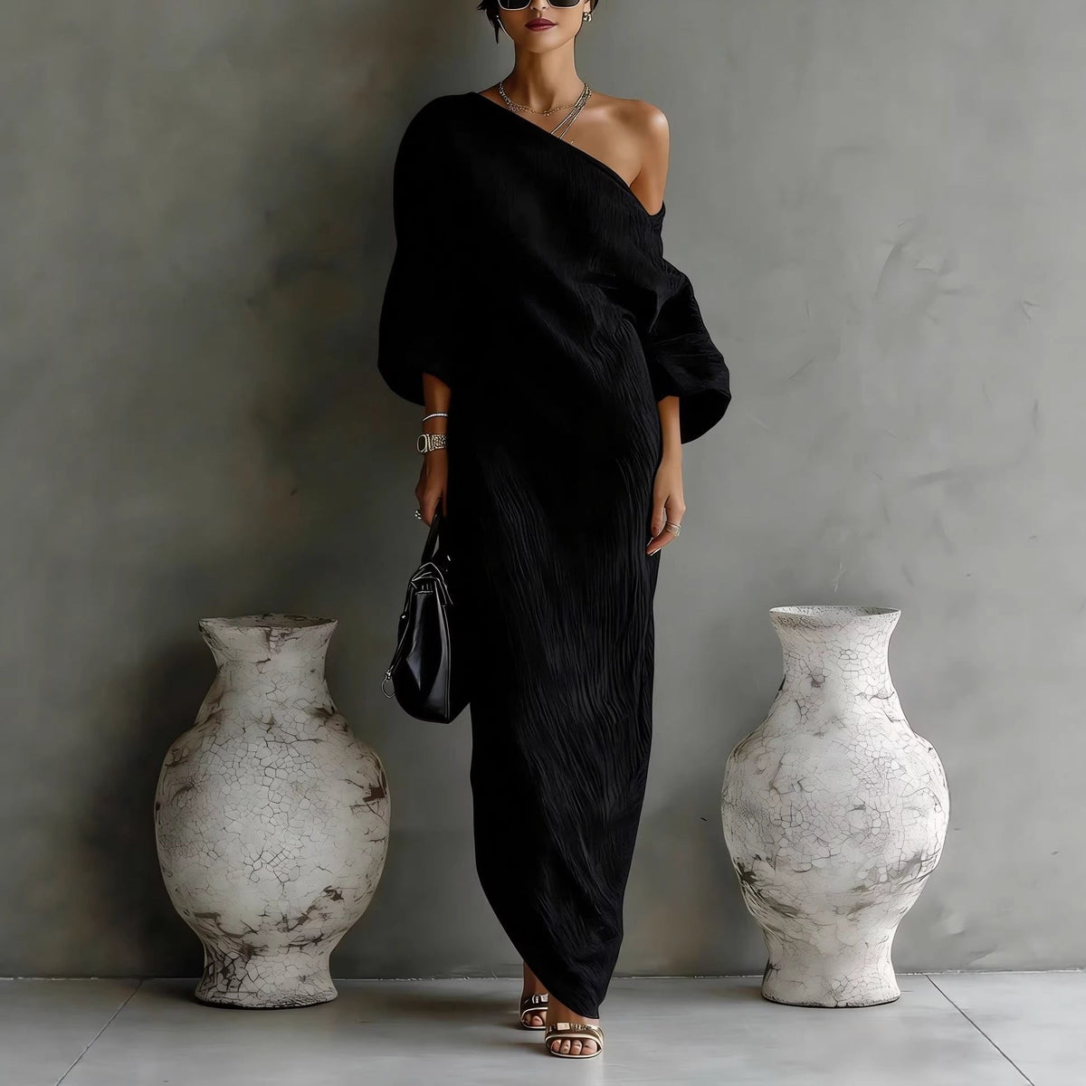 Women's Linen-Look Off-Shoulder Maxi Dress with Lantern Sleeves - Maisie London