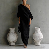 Women's Linen-Look Off-Shoulder Maxi Dress with Lantern Sleeves - Maisie London