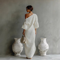 Women's Linen-Look Off-Shoulder Maxi Dress with Lantern Sleeves - Maisie London
