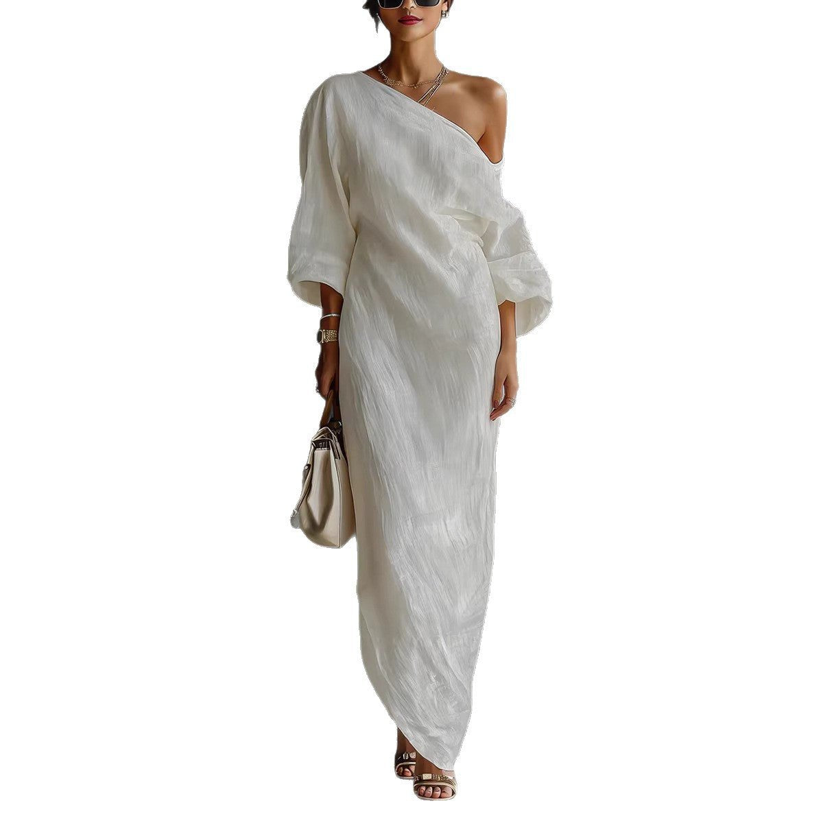 Women's Linen-Look Off-Shoulder Maxi Dress with Lantern Sleeves - Maisie London