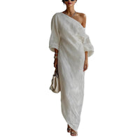 Women's Linen-Look Off-Shoulder Maxi Dress with Lantern Sleeves - Maisie London