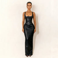 Women's Black Faux Leather Corset Maxi Dress with Square Neckline - Maisie London