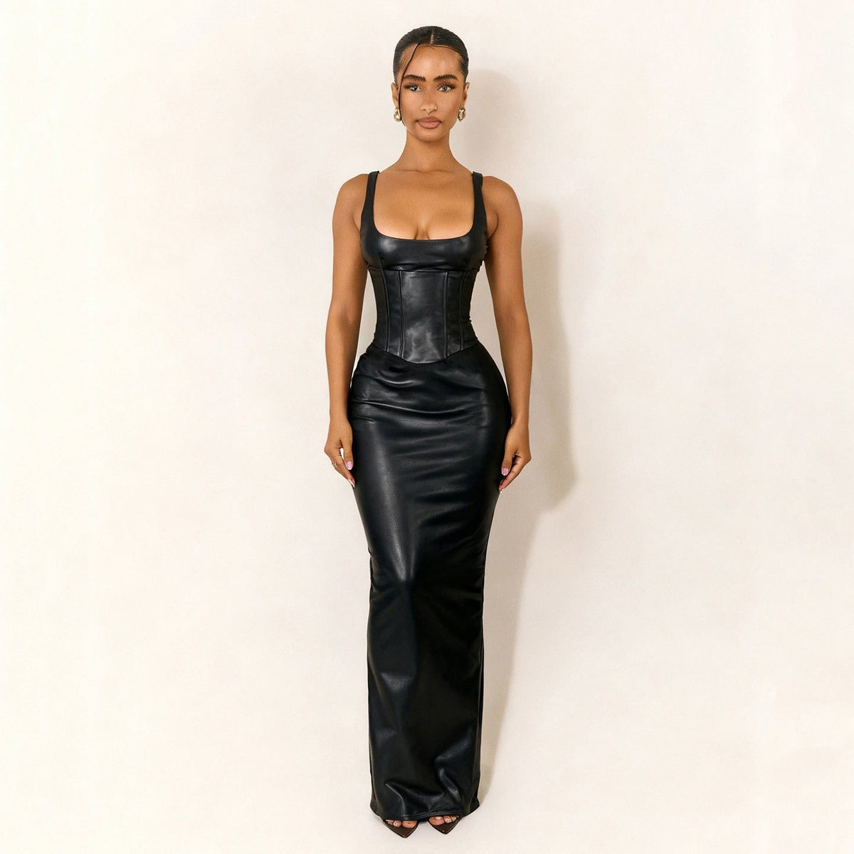 Women's Black Faux Leather Corset Maxi Dress with Square Neckline - Maisie London