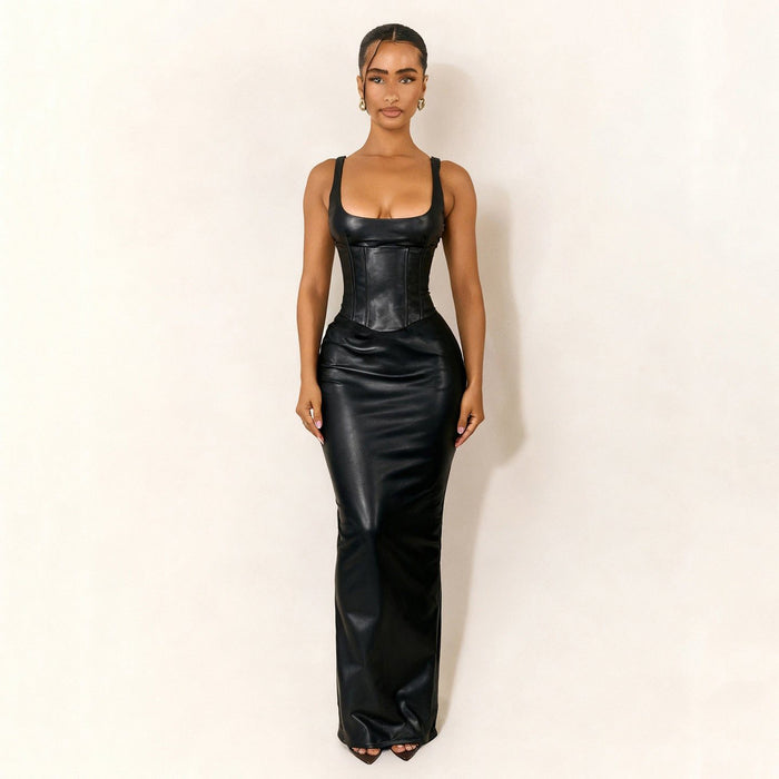 Women's Black Faux Leather Corset Maxi Dress with Square Neckline - Maisie London