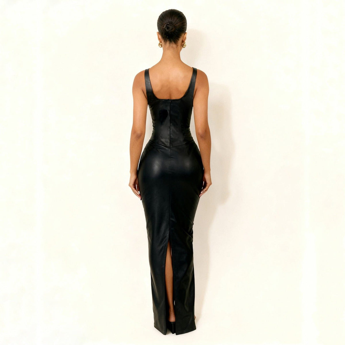 Women's Black Faux Leather Corset Maxi Dress with Square Neckline - Maisie London
