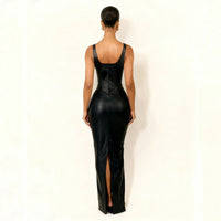 Women's Black Faux Leather Corset Maxi Dress with Square Neckline - Maisie London